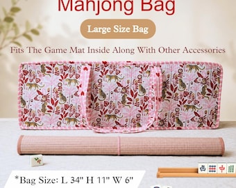 May include: A rectangular handmade Mahjong bag featuring a pink and white leopard and floral print with matching handles. The bag measures 34 inches long, 11 inches high, and 6 inches wide. A rolled game mat and several Mahjong tiles are visible.