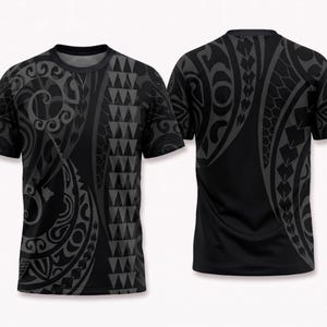 Helsvart polynesisk tribal-t-shirt, stealth maori-tatueringsskjorta för män, minimalistisk t-shirt med grafisk design från Stillahavsöarna, svarta hajtänder