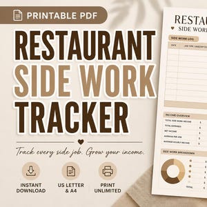 May include: A printable PDF restaurant side work tracker document featuring a log for dates, job descriptions, hours, income, and expenses. The layout includes sections for income overview, goal tracking, a side work breakdown pie chart, and reflection.