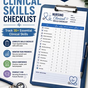 May include: A blue clipboard holding a Nursing Clinical Skills Checklist with columns for skill progress, including hand hygiene, vital signs, and medication administration. A stethoscope and pen are placed nearby on the surface.