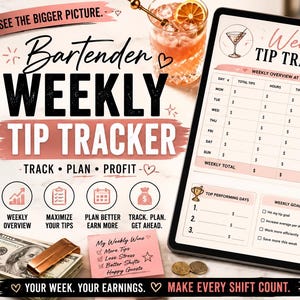May include: A digital tablet displaying a Weekly Tip Tracker template with sections for daily tips, hours, and net earnings. The interface includes a weekly summary, earnings trend graph, top performing days, and weekly goals with pink accents.