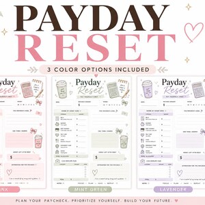 Könnte beinhalten: Eine digitale Budgetplaner-Vorlage mit dem Titel Payday Reset in den Farben Rosa, Minzgrün und Lavendel. Das Layout enthält Abschnitte für Rechnungen, Sparziele und Umschlagpläne, verziert mit Symbolen von Kaffeetassen, Taschenrechnern und Schleifen.