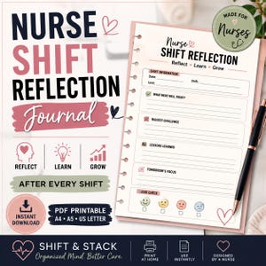 May include: A Nurse Shift Reflection Journal printable page featuring sections for shift information, what went well, biggest challenge, lessons learned, tomorrow's focus, and a mood check. The design includes pink and black text, icons, and a pen.