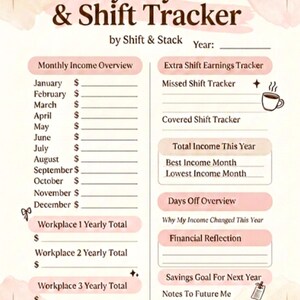 May include: A pink and cream-coloured yearly paycheck and shift tracker. The tracker includes sections for monthly income, extra shift earnings, and financial reflection. The text "Yearly Paycheck & Shift Tracker" is at the top.