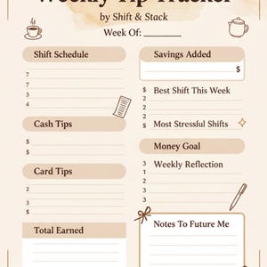 May include: A beige Weekly Tip Tracker by Shift & Stack, with sections for shift schedule, cash tips, card tips, and total earned. Includes areas for savings, best shifts, and a money goal. Features a notes section and decorative elements.