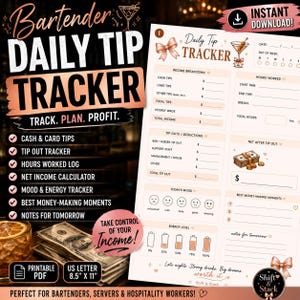 Pode incluir: Um formulário imprimível de rastreamento diário de gorjetas para bartenders. O documento inclui seções para detalhamento de renda, horas trabalhadas, gorjetas repassadas, renda líquida, humor, níveis de energia e notas para o dia seguinte.