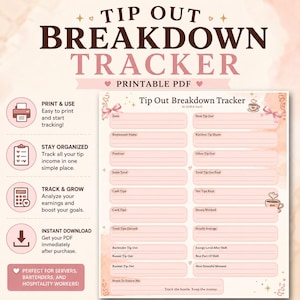 May include: A printable Tip Out Breakdown Tracker PDF document with a light pink background, featuring fields for date, restaurant name, sales, cash and card tips, and various tip-out categories. It includes small coffee cup and bow illustrations.
