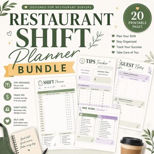 May include: A restaurant shift planner bundle featuring 20 printable pages with sections for shift planning, tips tracking, guest notes, and side work checklists. The documents include text headers like Restaurant Shift Planner Bundle, Tips Tracker, and Guest Notes.