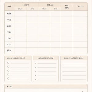 Op de afbeelding: Een beige wekelijkse dienstroosterplanner met een minimalistisch ontwerp. De planner bevat secties voor dagschema's, checklists, doelen en notities. De tekst "WEEKLY SHIFT PLANNER" staat bovenaan, met de zinnen "PLAN YOUR WEEK. STAY FOCUSED." en "CONSISTENCY TODAY. FREEDOM TOMORROW."