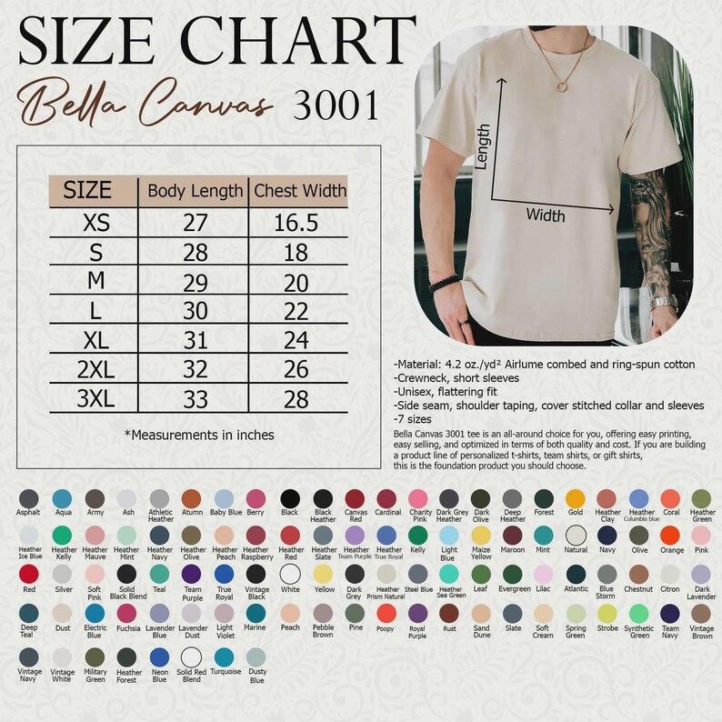 K&ouml;nnte beinhalten: Eine Bella Canvas 3001 Gr&ouml;&szlig;entabelle f&uuml;r ein kurz&auml;rmeliges T-Shirt mit Rundhalsausschnitt. Die Tabelle listet die Gr&ouml;&szlig;en XS bis 3XL mit K&ouml;rperl&auml;nge und Brustbreite in Zoll auf. Enth&auml;lt eine Farbpalette mit zahlreichen verf&uuml;gbaren Stofffarben.