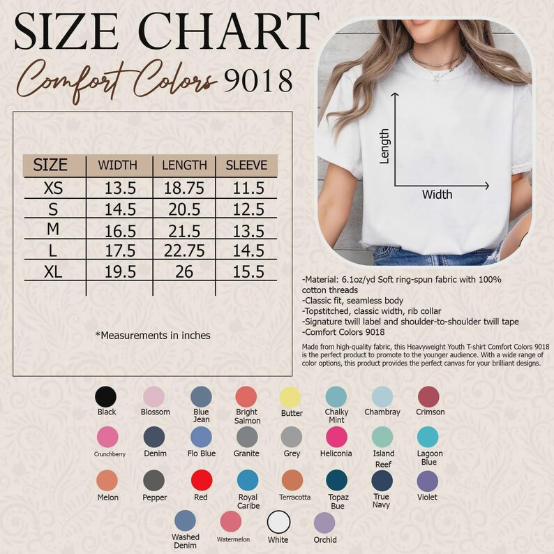 K&ouml;nnte beinhalten: Eine Gr&ouml;&szlig;entabelle f&uuml;r Comfort Colors 9018 T-Shirts mit einer Tabelle f&uuml;r Breite, L&auml;nge und &Auml;rmelma&szlig;e in Zoll f&uuml;r die Gr&ouml;&szlig;en XS bis XL. Enth&auml;lt eine Skizze eines wei&szlig;en T-Shirts, Produktspezifikationen und eine Farbpalette mit 30 Optionen.