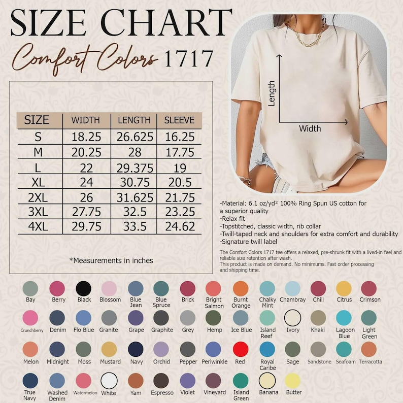 K&ouml;nnte beinhalten: Eine Comfort Colors 1717 Gr&ouml;&szlig;entabelle f&uuml;r ein T-Shirt mit einer Tabelle f&uuml;r Breite, L&auml;nge und &Auml;rmelma&szlig;e in Zoll. Es enth&auml;lt ein Bild eines beigen T-Shirts mit L&auml;ngen- und Breitenpfeilen sowie eine Farbpalette mit den entsprechenden Namen.