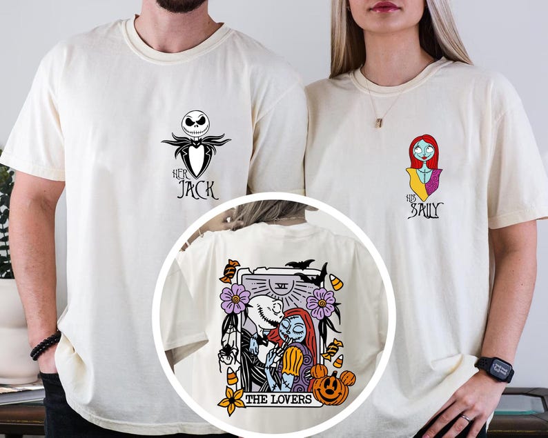 May include: Off-white t-shirts featuring small chest graphics of Jack Skellington with the text Her Jack and Sally with the text His Sally. A circular inset shows a back graphic of a tarot card titled The Lovers with Jack and Sally.