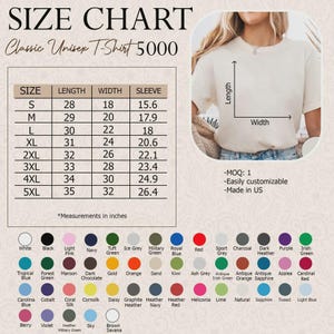 K&ouml;nnte beinhalten: Eine Gr&ouml;&szlig;entabelle f&uuml;r ein klassisches Unisex-T-Shirt 5000, mit einer Tabelle f&uuml;r L&auml;nge, Breite und &Auml;rmelma&szlig;e in Zoll f&uuml;r die Gr&ouml;&szlig;en S bis 5XL. Enth&auml;lt eine grafische Darstellung eines T-Shirts und eine Farbpalette mit verschiedenen beschrifteten Kreisen.