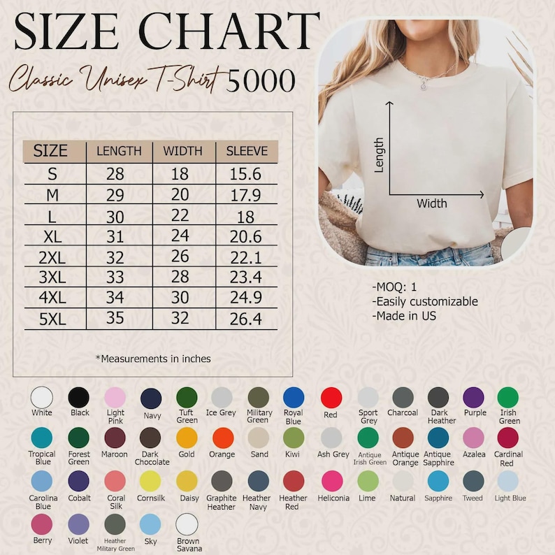 K&ouml;nnte beinhalten: Eine Gr&ouml;&szlig;entabelle f&uuml;r ein klassisches Unisex-T-Shirt 5000, mit einer Tabelle f&uuml;r L&auml;nge, Breite und &Auml;rmelma&szlig;e in Zoll f&uuml;r die Gr&ouml;&szlig;en S bis 5XL. Enth&auml;lt eine grafische Darstellung eines T-Shirts und eine Farbpalette mit verschiedenen beschrifteten Kreisen.