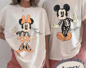 Vintage Mickey Minnie Halloween Shirt, Skeleton Couple Graphic Tee, Matching Outfit, Spooky Party Apparel