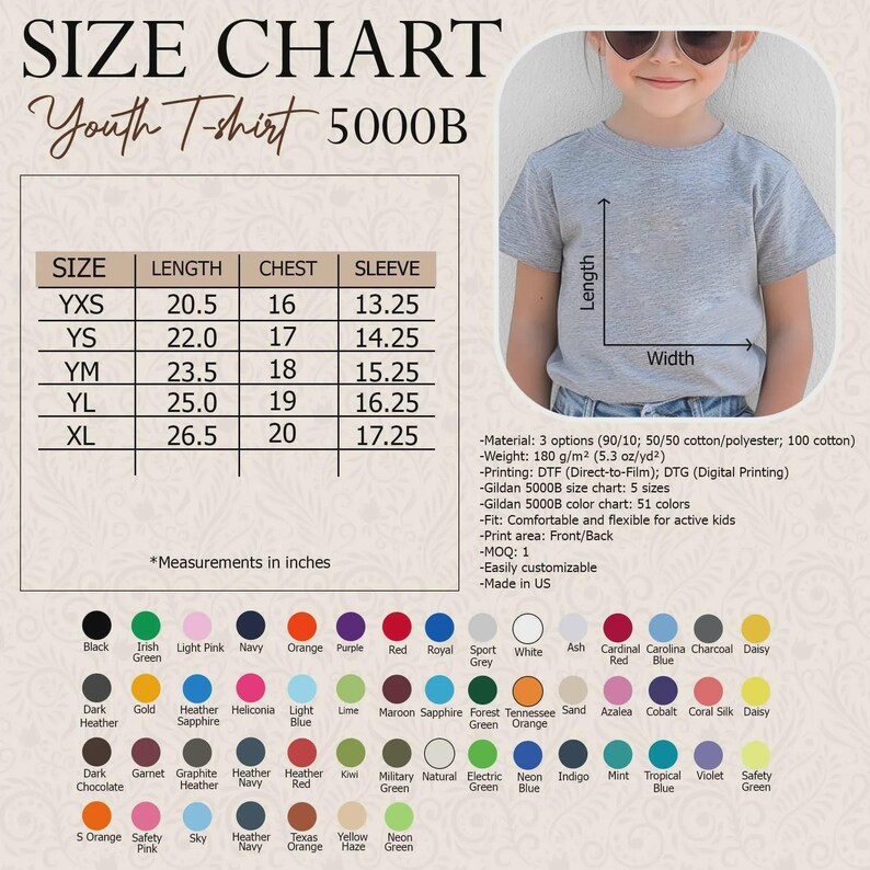 K&ouml;nnte beinhalten: Eine Gr&ouml;&szlig;entabelle f&uuml;r Jugend-T-Shirts des Modells Gildan 5000B mit Ma&szlig;en in Zoll f&uuml;r die Gr&ouml;&szlig;en YXS bis XL. Das Bild enth&auml;lt ein Diagramm eines grauen T-Shirts mit L&auml;ngen- und Breitenangaben sowie eine Farbpalette mit 51 verschiedenen Optionen.