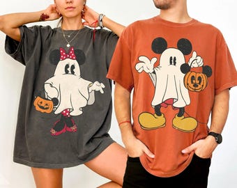 Retro Mickey Minnie Halloween Couple Comfort Colors Shirts, Mickey Ghost Tee, Minnie Ghost Top, Spooky Season Apparel, Disney Halloween Gift