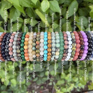 Peut inclure: Une collection de bracelets en perles sur un support cylindrique, comprenant diverses pierres comme Cherry Agate, Gold Sand Quartz, Snowflake, Labradorite, Malachite, Tea Crystal, Unakite, Blue Howlite, Spotted Green, Green Aventurine, White Howlite, Watermelon Red, Amethyst, Blue Stone, Opaline, Blue Goldstone, Plum Jade, Dragon blood stone, Golden Silk Jade, Indian Agate, Violet, Yellow Wood, Amazonite, Rhodonite, Yellow Green, Gold Swan, Silver Obsidian et Pink Aventurine.