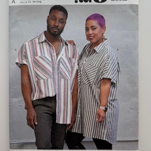 May include: A Simplicity sewing pattern envelope S9554 for a button-down shirt with short sleeves and a collar. The cover features two individuals wearing the shirt in different striped fabrics, with text including Mimi G, A DIY & Lifestyle Brand.