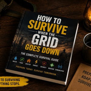 Op de afbeelding: Een overlevingsgids met de titel "How to Survive When the Grid Goes Down" met een kompas, lantaarn en mok op een houten oppervlak. De boekomslag toont een donker landschap en iconen voor water, voedsel, onderdak, energie.