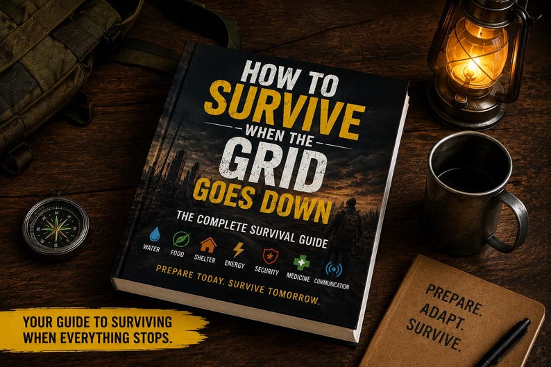 Op de afbeelding: Een overlevingsgids met de titel "How to Survive When the Grid Goes Down" met een kompas, lantaarn en mok op een houten oppervlak. De boekomslag toont een donker landschap en iconen voor water, voedsel, onderdak, energie.
