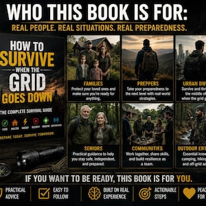 Op de afbeelding: Boekomslag van "How to Survive When the Grid Goes Down" met een zwarte achtergrond en gele en witte tekst. Het boek is een complete overlevingsgids, met afbeeldingen van gezinnen, preppers en outdoorliefhebbers. Het belooft praktische adviezen en bruikbare stappen.