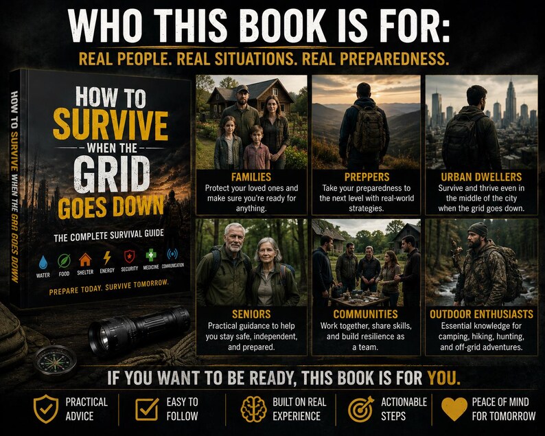 Op de afbeelding: Boekomslag van "How to Survive When the Grid Goes Down" met een zwarte achtergrond en gele en witte tekst. Het boek is een complete overlevingsgids, met afbeeldingen van gezinnen, preppers en outdoorliefhebbers. Het belooft praktische adviezen en bruikbare stappen.