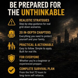 Op de afbeelding: Een promotieafbeelding met de tekst "BE PREPARED FOR THE UNTHINKABLE" in wit en geel. De afbeelding bevat pictogrammen en tekst die overlevingsstrategie&euml;n, diepgaande hoofdstukken en een compleet overlevingsplan beschrijven. Een stadsgezicht staat op de achtergrond.