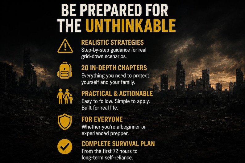 Op de afbeelding: Een promotieafbeelding met de tekst "BE PREPARED FOR THE UNTHINKABLE" in wit en geel. De afbeelding bevat pictogrammen en tekst die overlevingsstrategie&euml;n, diepgaande hoofdstukken en een compleet overlevingsplan beschrijven. Een stadsgezicht staat op de achtergrond.