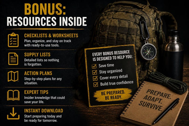 Op de afbeelding: Afbeelding met een rugzak in militaire stijl, kompas, waterfles en notitieboek met de tekst "Prepare. Adapt. Survive." Een bord leest: "Elke bonusbron is ontworpen om u te helpen: Tijd besparen, Georganiseerd blijven, Elk detail dekken, Bouw echt vertrouwen op."