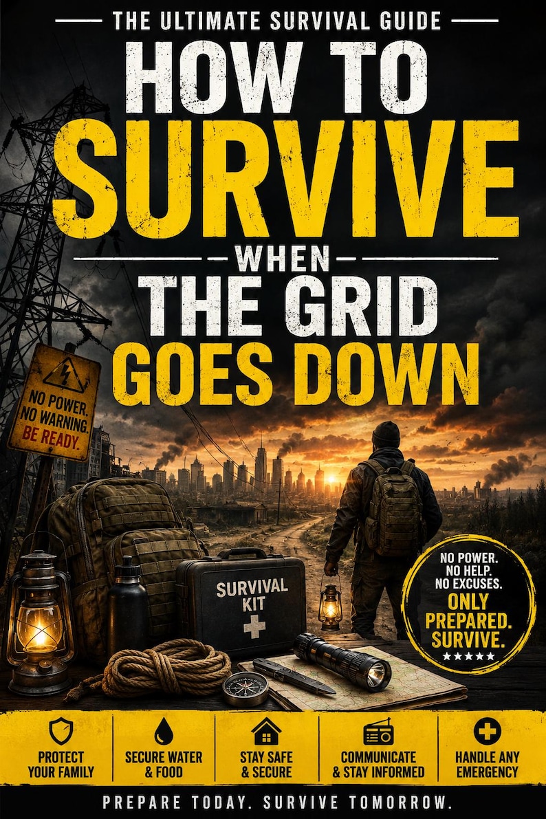 Op de afbeelding: Een boekcover met de titel "How to Survive When the Grid Goes Down". De afbeelding toont een persoon met een rugzak, een survival kit en een stadsgezicht. De tekst bevat "Prepare Today. Survive Tomorrow."