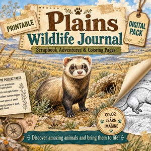 May include: A digital printable Plains Wildlife Journal featuring a central color illustration of a steppe polecat, a black and white line art sketch, a facts sheet, a compass, and text including Plains Wildlife Journal and Color Learn Imagine.