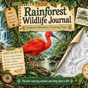 Może przedstawiać: Dziennik dzikiej przyrody lasów deszczowych z jaskrawoczerwonym ibisem w tropikalnych mokradłach. Okładka zawiera tekst Rainforest Wildlife Journal, Scrapbook Adventures & Coloring Pages oraz fakty o ibisie szkarłatnym i stronę do kolorowania.