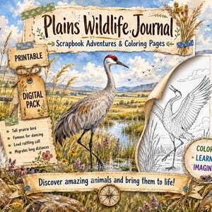 May include: A digital printable Plains Wildlife Journal scrapbook and coloring pack featuring a watercolor illustration of a sandhill crane in a prairie landscape, with text including Plains Wildlife Journal, Printable, Digital Pack, and Color Learn Imagine.
