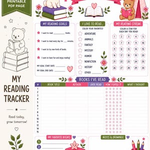 May include: A printable reading tracker PDF page featuring a white rabbit on books, a teddy bear in a tent, and sections for reading goals, streaks, and book logs. The design includes colorful illustrations of flowers, stars, and a pencil cup.