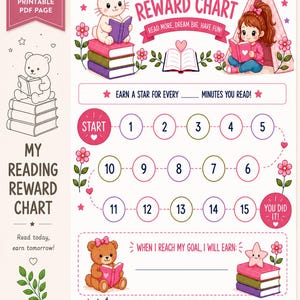 May include: A printable reading reward chart featuring a bunny on books, a child in a tent, and a teddy bear. The chart includes a numbered path from start to finish, spaces for goals, and text reading Reading Reward Chart and Every Book You Read Is An Adventure.