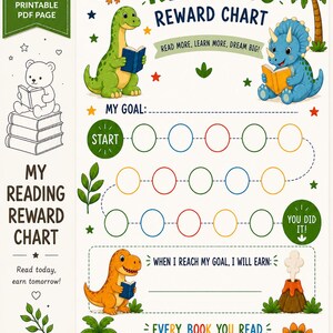 May include: A printable reading reward chart featuring colorful dinosaur illustrations, palm trees, and a volcano. The text includes Reading Reward Chart, My Goal, When I reach my goal, I will earn, and Every book you read is an adventure, with spaces for a name and date.