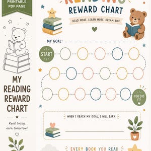 May include: A printable reading reward chart featuring a brown bear reading a book, a stack of books, stars, and clouds. The chart includes the text READING REWARD CHART, READ MORE, LEARN MORE, DREAM BIG!, MY GOAL, YOU DID IT!, and EVERY BOOK YOU READ IS AN ADVENTURE!