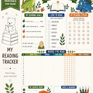 May include: A printable reading tracker page featuring dinosaur illustrations, a bear reading on books, and sections for reading goals, streaks, and book logs. The text includes Reading Tracker, Read More. Dream Big. Have Fun!, and Keep Reading, Keep Growing!