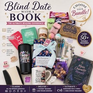 May include: A Blind Date with a Book gift set featuring a wrapped book, a black tumbler with a Books Plants and Coffee graphic, a mug with the text There's no such thing as too many books, a journal, snacks, pens, keychains, and stickers.