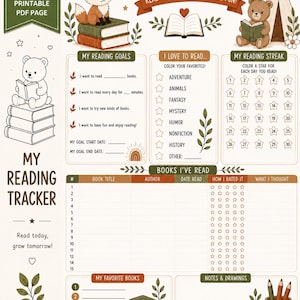 May include: A printable reading tracker PDF page featuring a fox, a bear, and a teepee illustration. The document includes sections for reading goals, a reading streak with stars, a book log, and notes, with text reading Reading Tracker.
