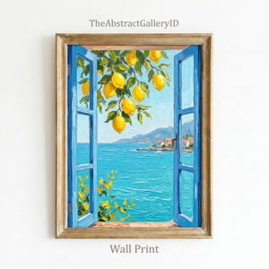 May include: An oil painting in a wooden frame depicting an open blue window looking out onto a bright blue sea with distant hills and buildings. Yellow lemons hang from green branches in the foreground. The text TheAbstractGalleryID is visible.