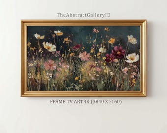 Moody Wildflower Meadow Frame TV Art | Dark Romantic Botanical Impasto Painting | Burgundy Cottagecore Floral Samsung 4K Instant Download