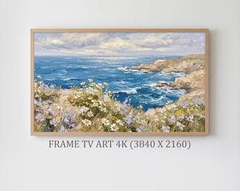 海岸の野花畑のフレームTVアート、ビンテージの海のビーチの崖の油絵、サムスンフレームTVアート4K、コテージコアの海、デジタルダウンロード