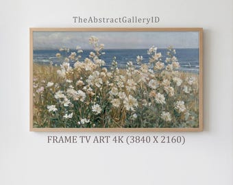 海岸の野花畑のフレームTVアート、ヴィンテージオーシャンビーチハウスの絵画、サムスンフレームTVアート4K、コテージコアシー、デジタルダウンロード