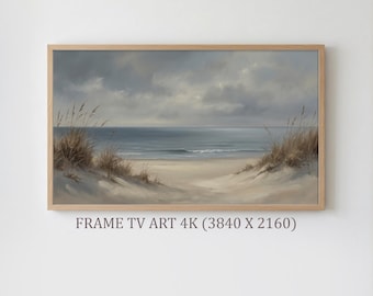 ニュートラルなビーチデューンズフレームTVアート、ムーディーな海岸風景画、シーオーツの落ち着いたオーシャンデコレーション、穏やかなサムスンTVスクリーンセーバー4Kダウンロード