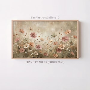 Lijst met tv-kunstwerk: kustbloemenveld, vintage stoffige roze tint, shabby chic schilderij, Samsung tv-lijstkunst 4K, cottagecore zee, digitale download