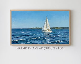 海岸フレームTVアート、ビンテージオーシャンビーチハウス絵画、サムスンフレームTVアート4K、コテージコアシー、サマーセーリングボートアートTV、デジタルダウンロード