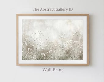 Neutral Wildflower Wall Art Print, Muted Beige Floral Painting, Minimalist White Botanical Poster, Japandi Cozy Cottage Decor Download